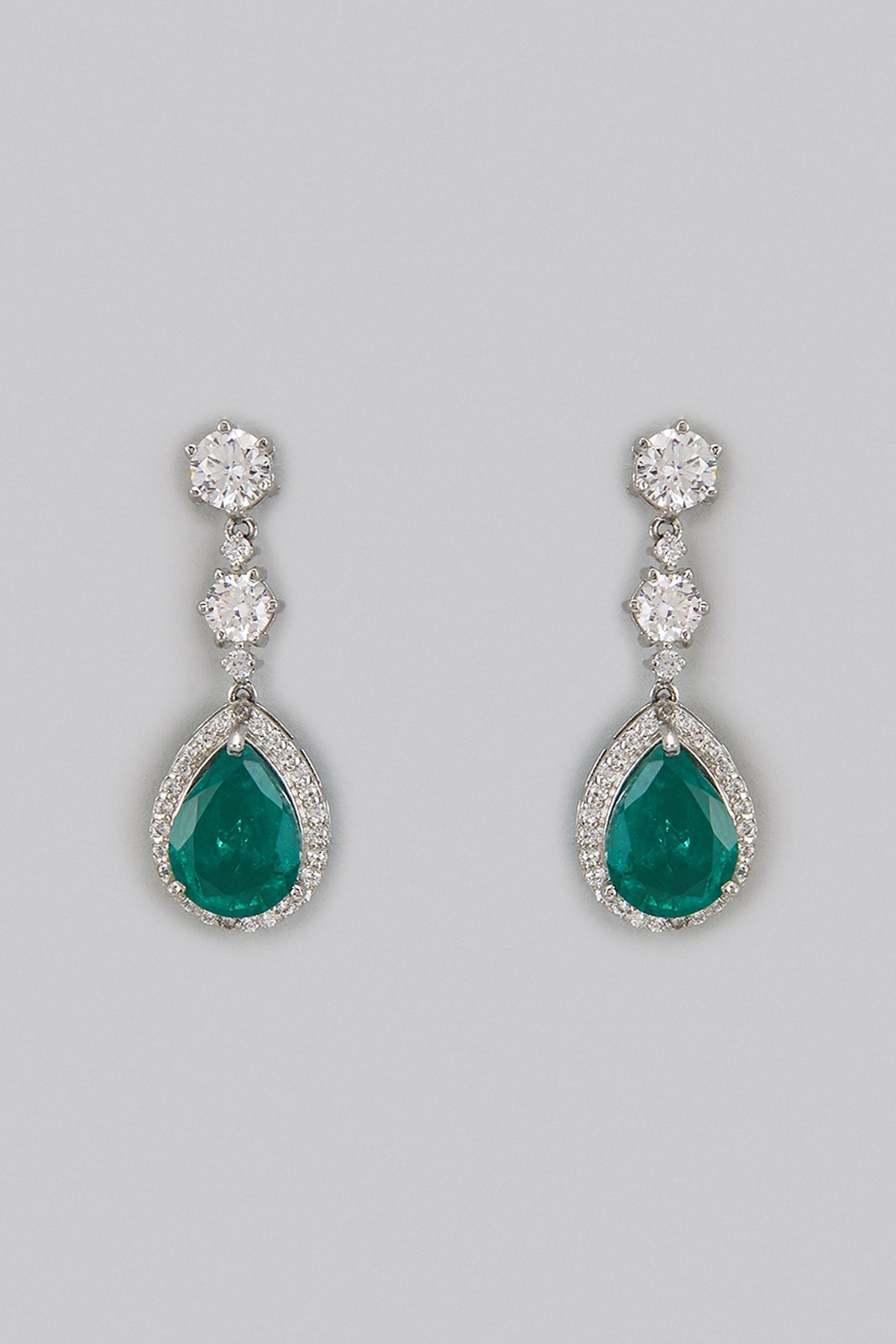 White Rhodium Finish Zirconia & Emerald Synthetic Stone Dangler Earrings In Sterling Silver