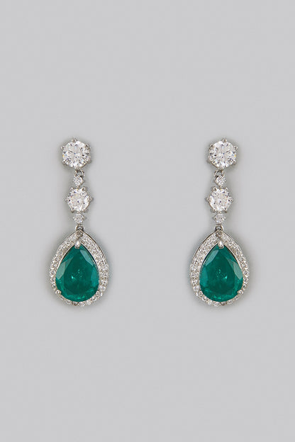 White Rhodium Finish Zirconia & Emerald Synthetic Stone Dangler Earrings In Sterling Silver