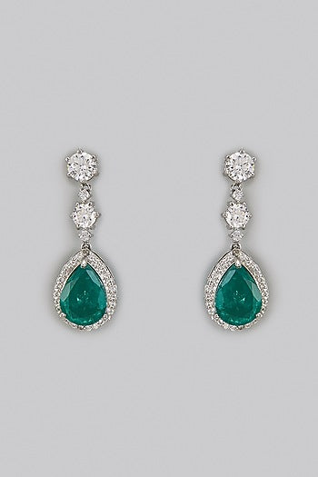White Rhodium Finish Zirconia & Emerald Synthetic Stone Dangler Earrings In Sterling Silver