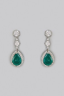 White Rhodium Finish Zirconia & Emerald Synthetic Stone Dangler Earrings In Sterling Silver