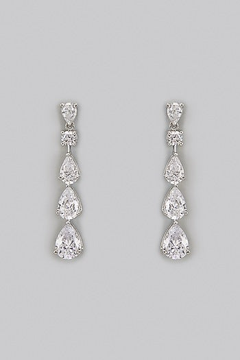 White Rhodium Finish Zircon Dangler Earrings In Sterling Silver