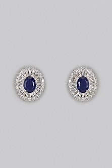 White Rhodium Finish Blue Gemstone Stud Earrings In Sterling Silver