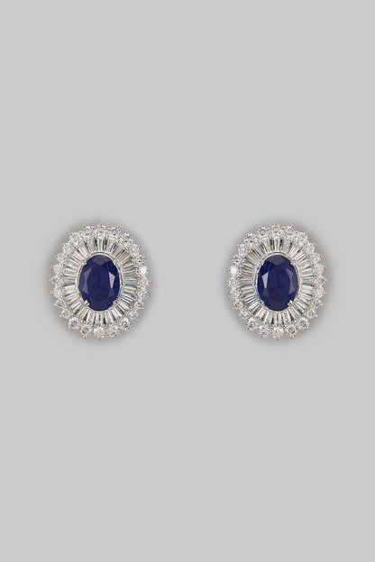 White Rhodium Finish Blue Gemstone Stud Earrings In Sterling Silver