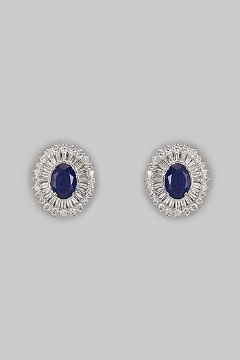 White Rhodium Finish Blue Gemstone Stud Earrings In Sterling Silver