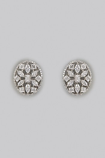 White Rhodium Finish Zircon Floral Stud Earrings In Sterling Silver