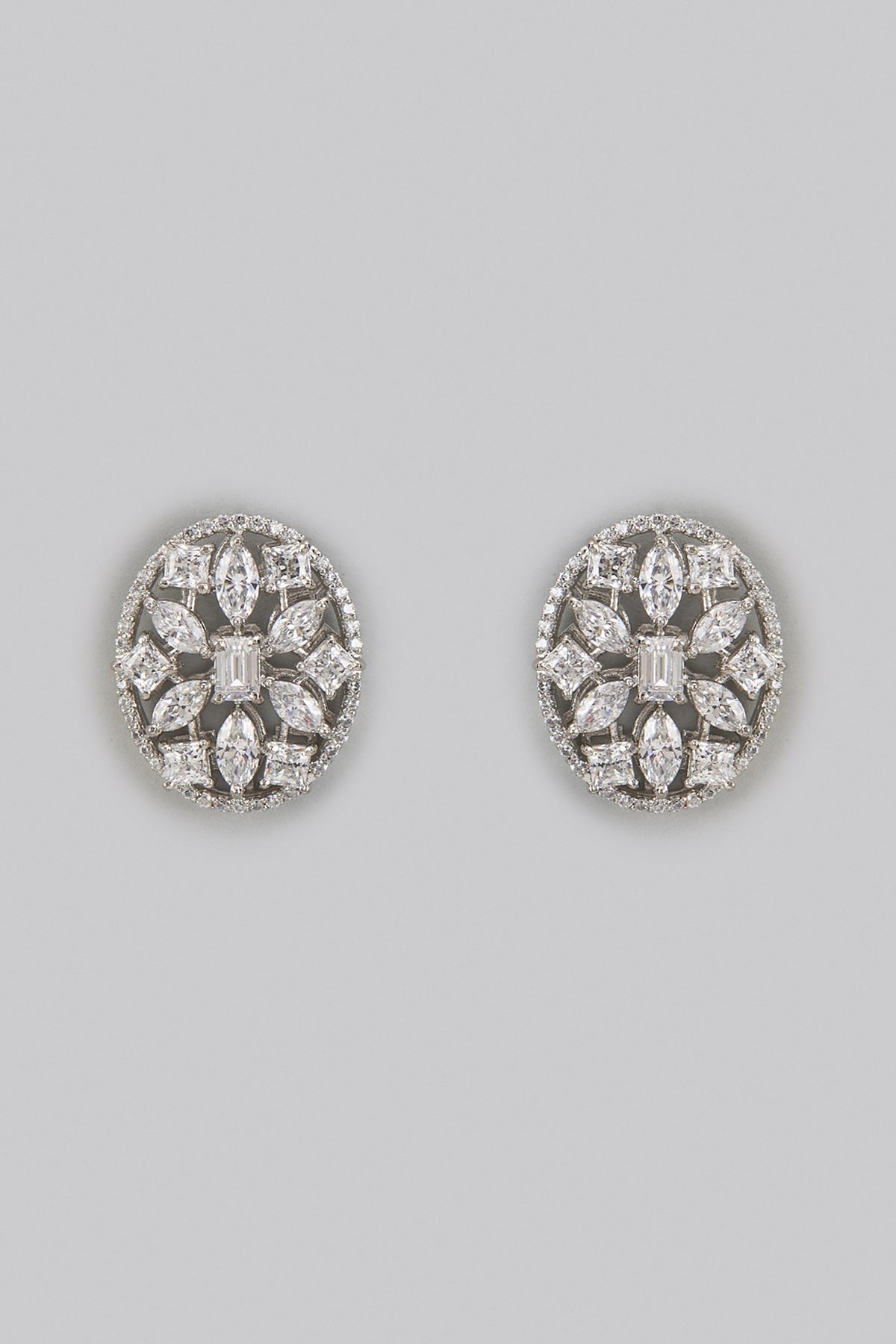 White Rhodium Finish Zircon Floral Stud Earrings In Sterling Silver