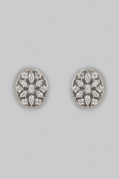 White Rhodium Finish Zircon Floral Stud Earrings In Sterling Silver