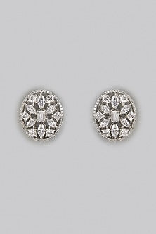 White Rhodium Finish Zircon Floral Stud Earrings In Sterling Silver