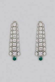 White Rhodium Finish Emerald Synthetic Stone Dangler Earrings In Sterling Silver