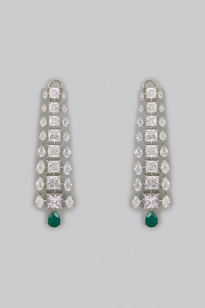 White Rhodium Finish Emerald Synthetic Stone Dangler Earrings In Sterling Silver