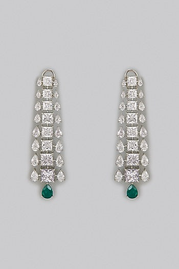 White Rhodium Finish Emerald Synthetic Stone Dangler Earrings In Sterling Silver