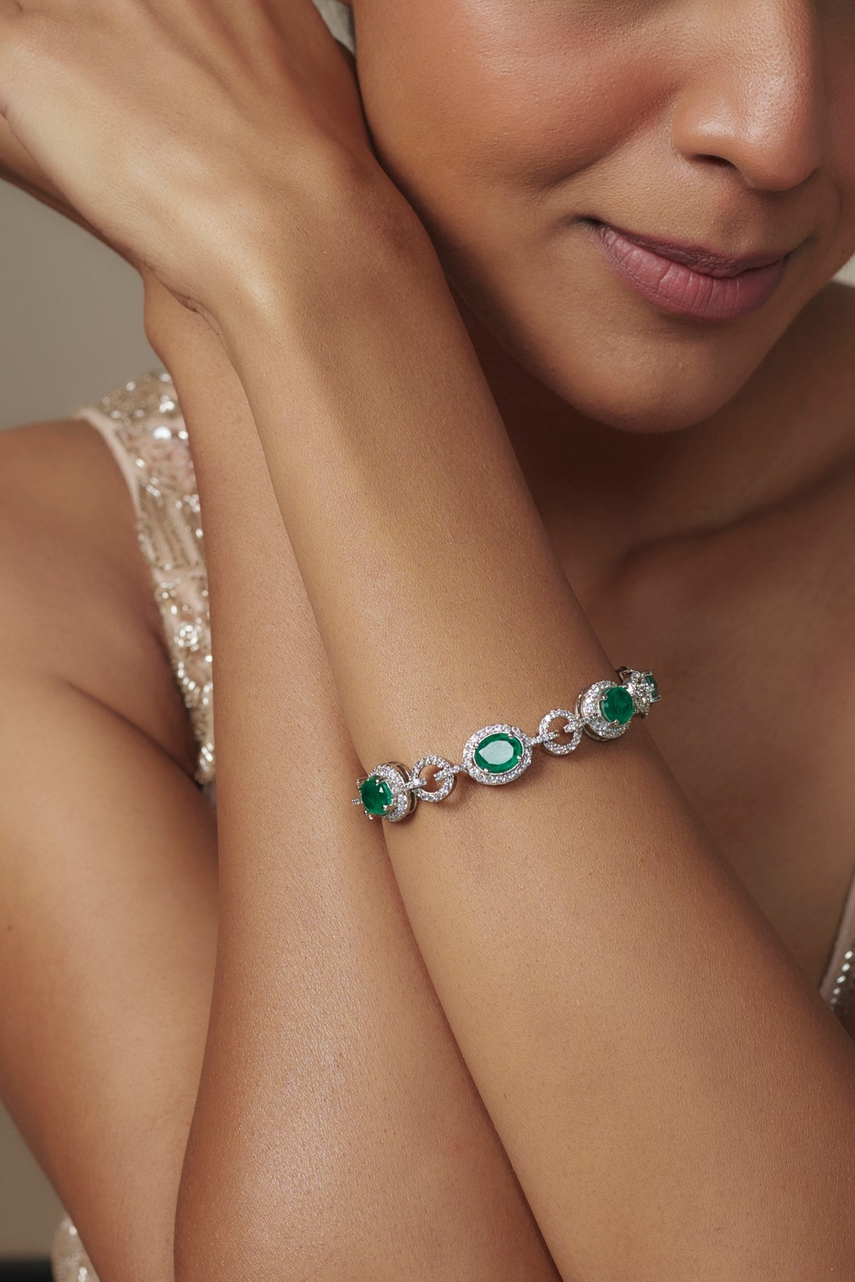White Rhodium Finish Emerald Synthetic Stone Bracelet In Sterling Silver