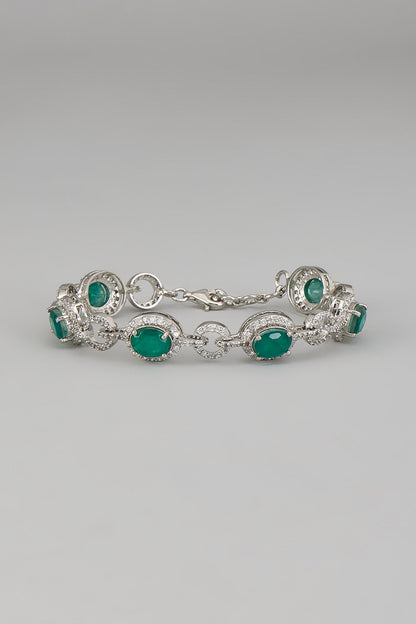 White Rhodium Finish Emerald Synthetic Stone Bracelet In Sterling Silver