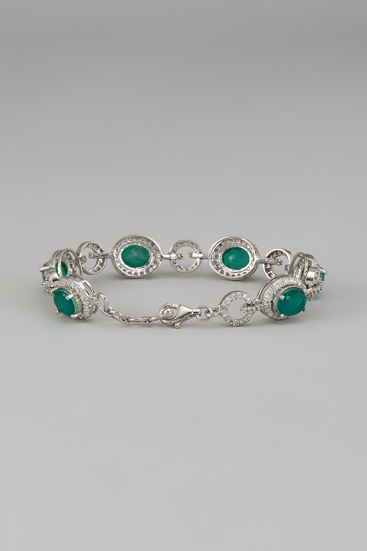 White Rhodium Finish Emerald Synthetic Stone Bracelet In Sterling Silver
