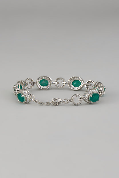 White Rhodium Finish Emerald Synthetic Stone Bracelet In Sterling Silver
