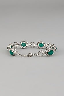 White Rhodium Finish Emerald Synthetic Stone Bracelet In Sterling Silver