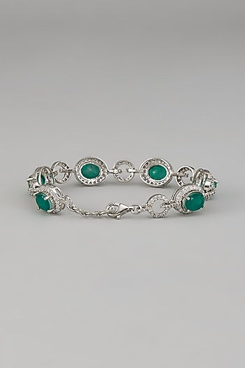 White Rhodium Finish Emerald Synthetic Stone Bracelet In Sterling Silver