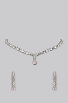 White Rhodium Finish Pink Drop Necklace Set In Sterling Silver