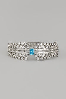 White Rhodium Finish Blue Sapphire Stone Bangle In Sterling Silver