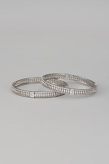 White Rhodium Finish Zircon Bangles In Sterling Silver (Set Of 2)