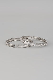 White Rhodium Finish Zircon Bangles In Sterling Silver (Set Of 2)
