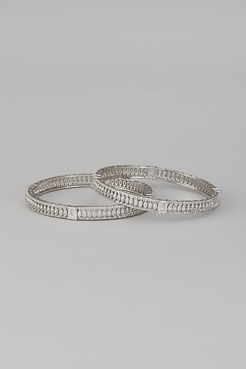 White Rhodium Finish Zircon Bangles In Sterling Silver (Set Of 2)