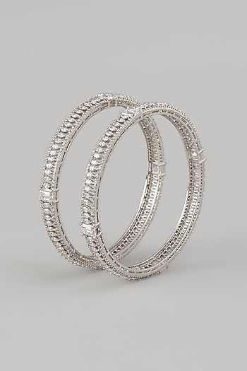 White Rhodium Finish Zircon Bangles In Sterling Silver (Set Of 2)