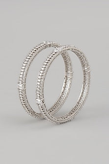 White Rhodium Finish Zircon Bangles In Sterling Silver (Set Of 2)