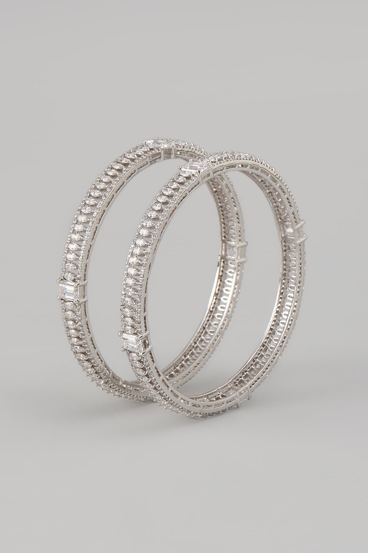 White Rhodium Finish Zircon Bangles In Sterling Silver (Set Of 2)