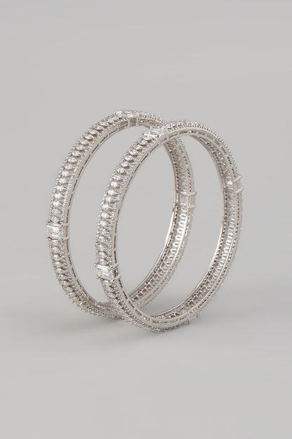 White Rhodium Finish Zircon Bangles In Sterling Silver (Set Of 2)