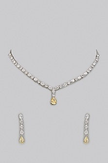 White Rhodium Finish Yellow Sapphire Stone Drop Necklace Set