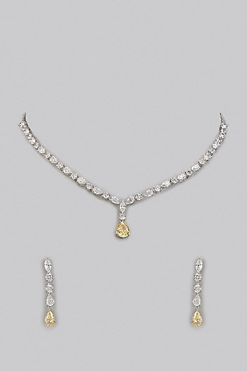 White Rhodium Finish Yellow Sapphire Stone Drop Necklace Set