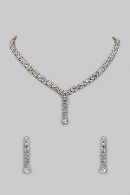 White Rhodium Finish Zircon Drop Necklace Set