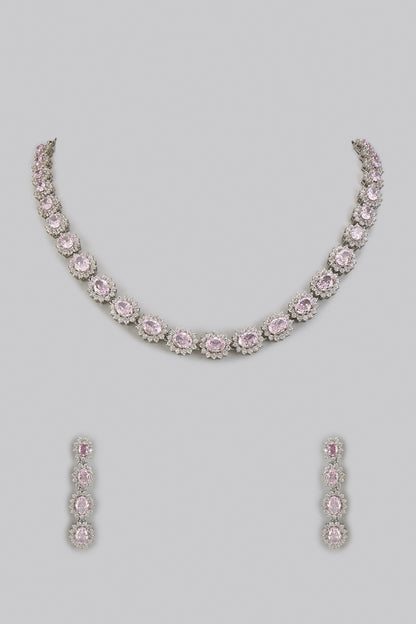 White Rhodium Finish Baby Pink Sapphire Stone Necklace Set