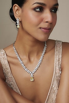 White Rhodium Finish Yellow Sapphire Stone Drop Necklace Set
