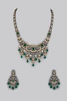 Two Tone Finish Kundan Polki & Emerald Stone Necklace Set