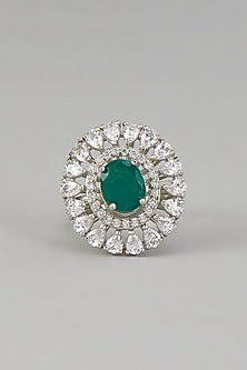 White Rhodium Finish Emerald Stone Ring In Sterling Silver