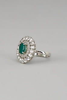 White Rhodium Finish Emerald Stone Ring In Sterling Silver