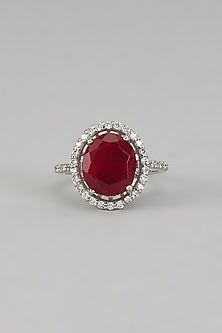 White Rhodium Finish Maroon Gemstone Ring In Sterling Silver