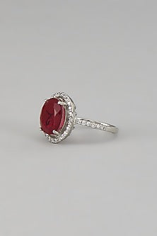 White Rhodium Finish Maroon Gemstone Ring In Sterling Silver
