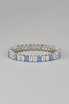 White Rhodium Finish Blue Sapphire Stone Bangle In Sterling Silver