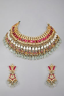 Gold Plated Sea Green Stones Kundan Necklace Set