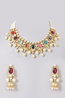 Gold Plated Kundan Navratna Necklace Set
