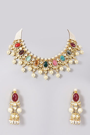 Gold Plated Kundan Navratna Necklace Set