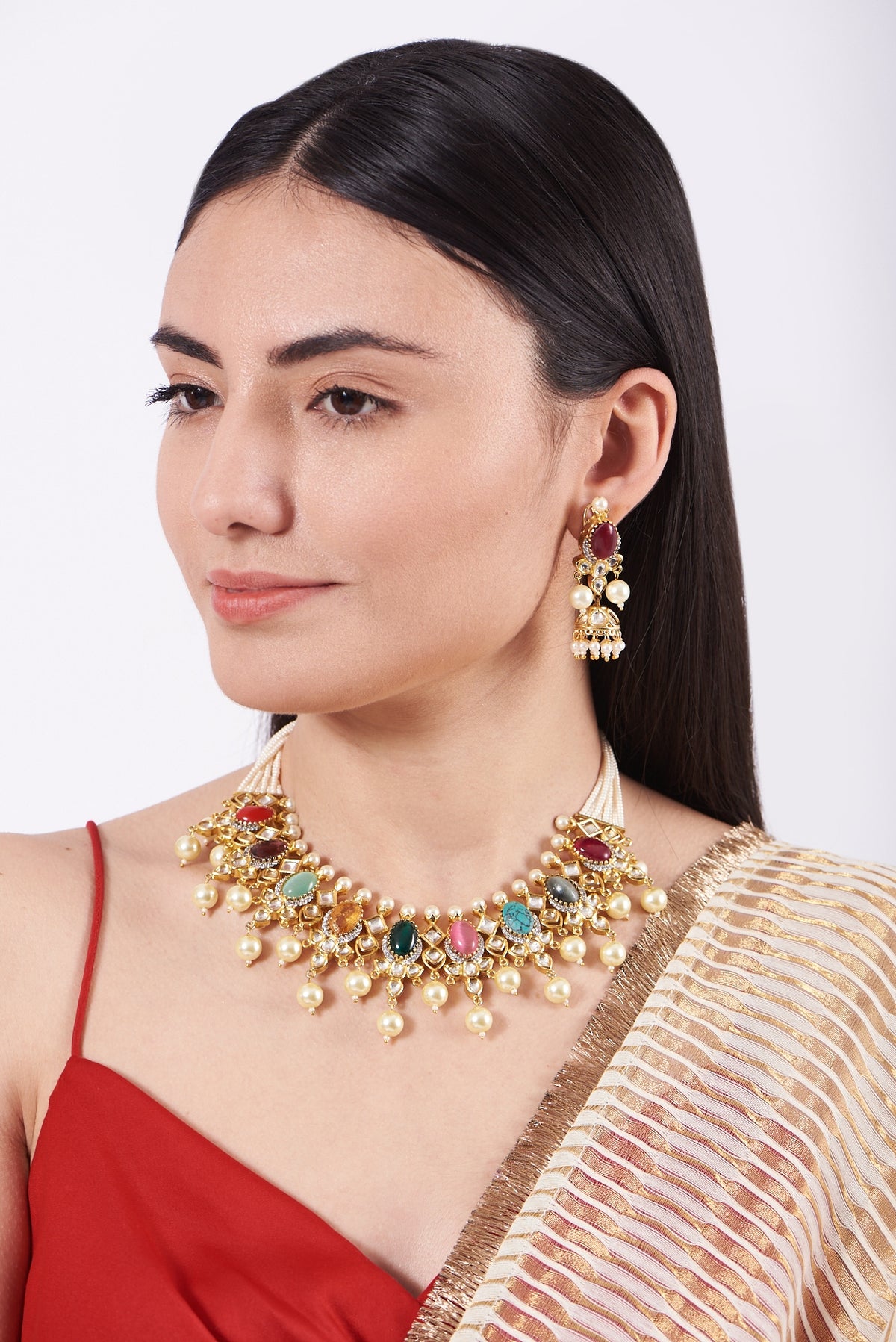 Gold Plated Kundan Navratna Necklace Set