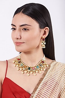 Gold Plated Kundan Navratna Necklace Set