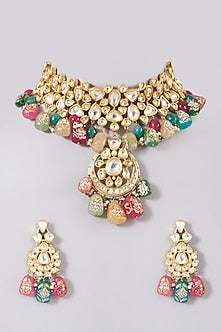 Gold Plated Choker Necklace Set With Kundan Polki