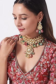 Gold Plated Choker Necklace Set With Kundan Polki