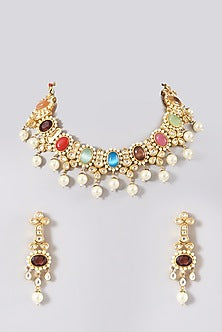 Gold Plated Necklace Set With Kundan Navratna