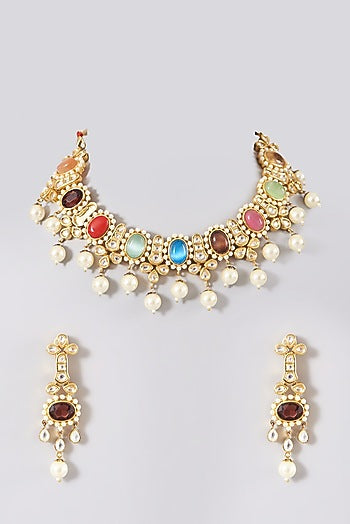 Gold Plated Necklace Set With Kundan Navratna